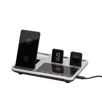 Беспроводная (15W) зарядная станция "Smart Lift" с сенсорным подъёмным механизмом, часами и ночной подсветкой, цвет черный с серебристым