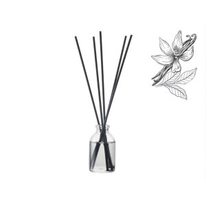 Диффузор с ароматом Табак и ваниль, 30мл, стекло, пробка, палочки 5 шт., мешочек из органзы черный Диффузор с ароматом Табак и ваниль, 30мл, стекло, пробка, палочки 5 шт., мешочек из органзы черный