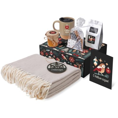 Подарочный набор c пледом, кружкой и вареньем, бежевый