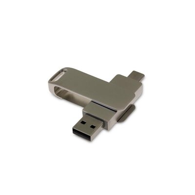 USB-флешка на 64 Гб поворотный механизм 2 в 1, c дополнительным разъемом Type-C с одноцветным металлическим клипом, серый