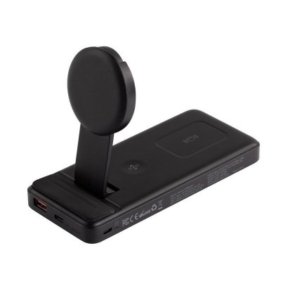 Беспроводная зарядная (20W/15W) станция-пауэрбэнк "Slider" 10000 mAh для смартфонов, наушников, часов, с подвижным зарядным блоком, цвет черный