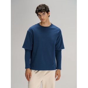 Футболка оверсайз с двойным рукавом Kosmos, темно-синяя Футболка оверсайз с двойным рукавом Kosmos, темно-синяя