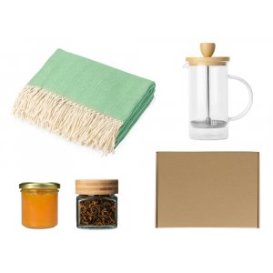 Подарочный набор с пледом, френчпрессом, чаем и вареньем, зеленый Подарочный набор с пледом, френчпрессом, чаем и вареньем, зеленый