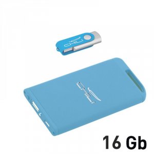 Набор зарядное "Theta" 4000 mAh + флеш-карта "Vostok" 16Гбв футляре, голубой, покрытие soft touch, цвет голубой