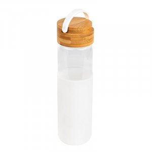 Бутылка стеклянная с силиконовой манжетой и бамбуковой крышкойGlass , белый