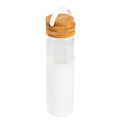 Бутылка стеклянная с силиконовой манжетой и бамбуковой крышкойGlass , белый