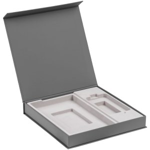 Коробка Modum с ложементом под ежедневник 13х21 см и аккумулятор, серая Коробка Modum с ложементом под ежедневник 13х21 см и аккумулятор, серая