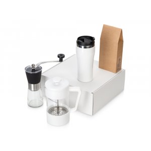 Подарочный набор с кофе, кружкой и френч-прессом Бодрое утро 2.0, белый Подарочный набор с кофе, кружкой и френч-прессом Бодрое утро 2.0, белый