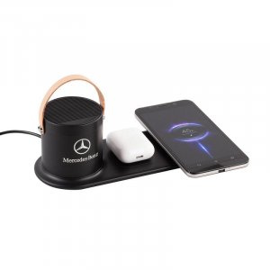 Настольная беспроводная (15W) зарядная станция "Blacksmith" с bluetooth колонкой с подсветкой логотипа, цвет черный