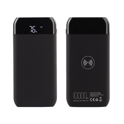 Беспроводное зарядное устройство "ShineMax SOFTTOUCH", 10000 mAh с подсветкой логотипа и цифровым индикатором заряда, цвет черный