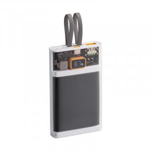 Зарядное (22.5W) устройство "Link" 10000 mAh с прозрачным корпусом, цифровым индикатором заряда и встроенными Type-C/Lightning кабелями, цвет белый/чер