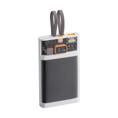 Зарядное (22.5W) устройство "Link" 10000 mAh с прозрачным корпусом, цифровым индикатором заряда и встроенными Type-C/Lightning кабелями, цвет белый/чер
