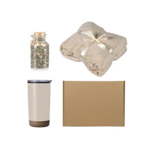 Подарочный набор с пледом, термокружкой и чаем, бежевый Подарочный набор с пледом, термокружкой и чаем, бежевый