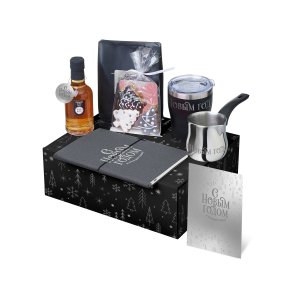 Подарочный набор с туркой, кофе и термокружкой, серый Подарочный набор с туркой, кофе и термокружкой, серый